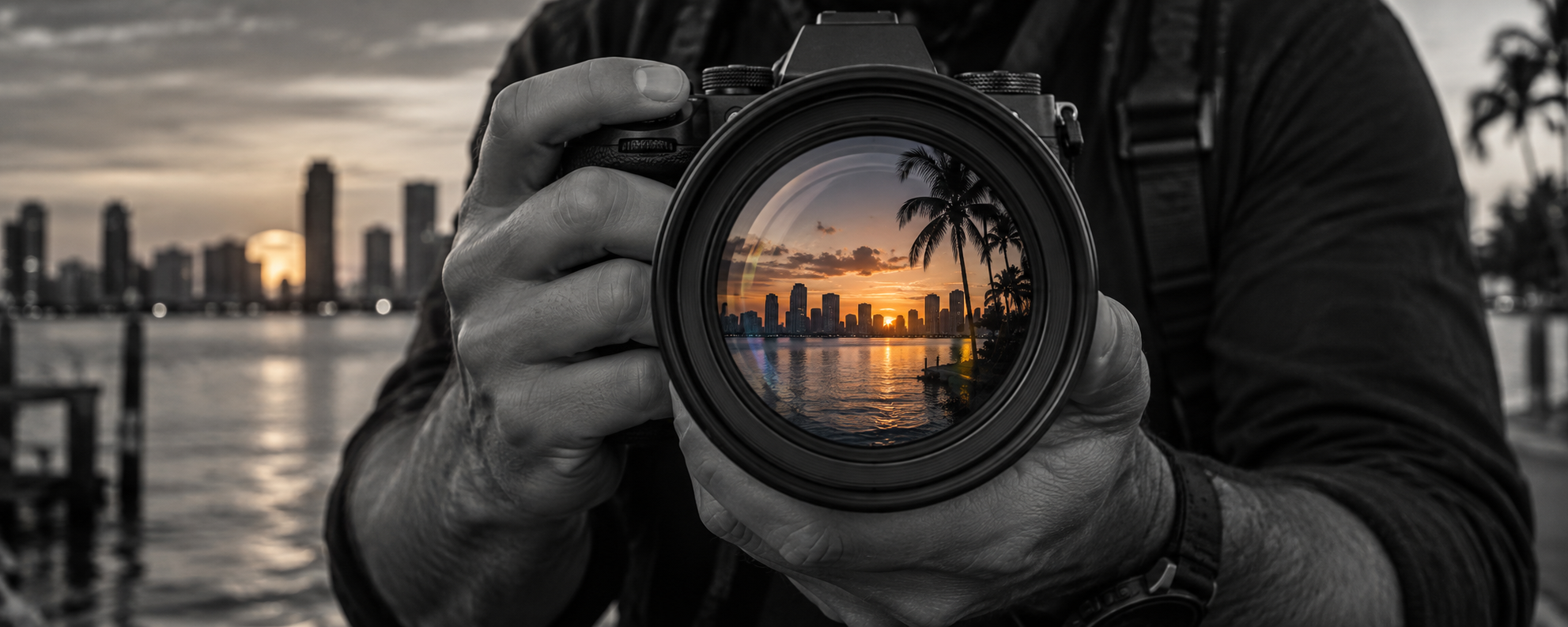 A professional camera pointed toward the viewer with a colorful Miami sunset reflected in its lens