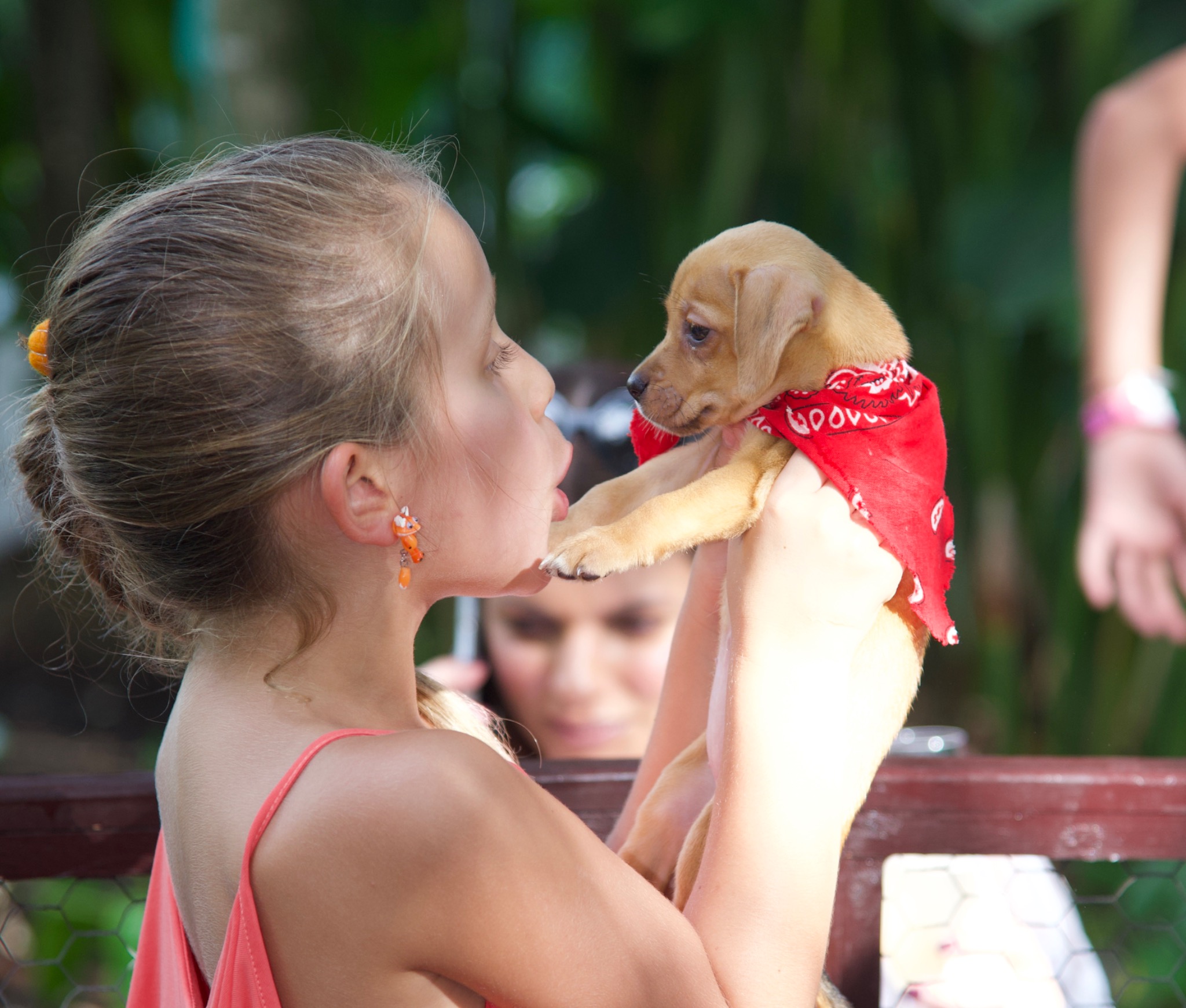 Young girl sharing a playful moment with a puppy